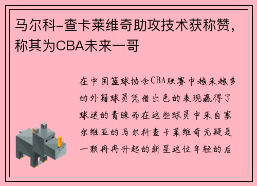 马尔科-查卡莱维奇助攻技术获称赞，称其为CBA未来一哥