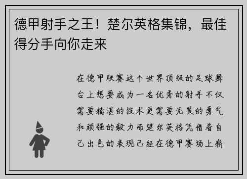 德甲射手之王！楚尔英格集锦，最佳得分手向你走来