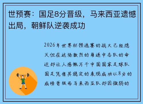 世预赛：国足8分晋级，马来西亚遗憾出局，朝鲜队逆袭成功